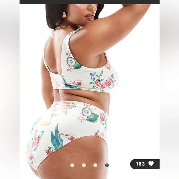 ASOS DESIGN Curve high leg high waist bikini bottom/ top in postcard print - Picture 2 of 8